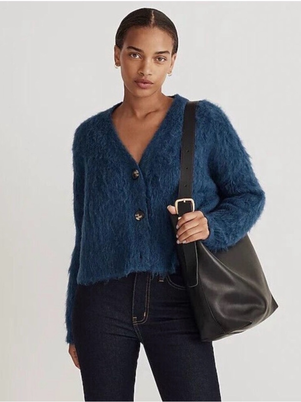 Madewell Cardigan Womens Small Navy Alpaca Brushed Fuzzy Cropped V Neck Button